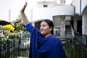 (151028) -- KATHMANDU, Oct. 28, 2015 (Xinhua) -- Vice-Chairperson of the Communist Party of Nepal (Unified Marxist-Leninist) (CPN-UML) Bidhya Devi Bhandari waves after voting at the Parliament in Kathmandu, Nepal, Oct. 28, 2015. Nepal's first presidential election after the promulgation of new constitution began on Wednesday morning. (Xinhua/Pratap Thapa)