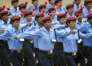 Members of the Nepal Police take part in a parade to mark "Loktantra Diwas" or Democracy Day celebrations in Kathmandu April 24, 2011. Nepal is celebrating the fifth anniversary of the reinstatement of democracy in the country, when former monarch King Gyanendra gave up absolute power following widespread protests. REUTERS/Navesh Chitrakar (NEPAL - Tags: ANNIVERSARY POLITICS)