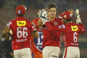 Marcus Stoinis of Kings XI Punjab celebrates the wicket of Quinton de Kock of Delhi Daredevils during match 36 of the Vivo Indian Premier League ( IPL ) 2016 between the Kings XI Punjab and the Delhi Daredevils held at the IS Bindra Stadium, Mohali, India on the 7th May 2016 Photo by Deepak Malik/ IPL/ SPORTZPICS
